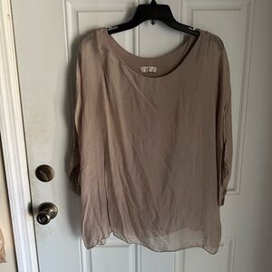 Beige Batwing Sleeve Silk Shell Over Attached Tank